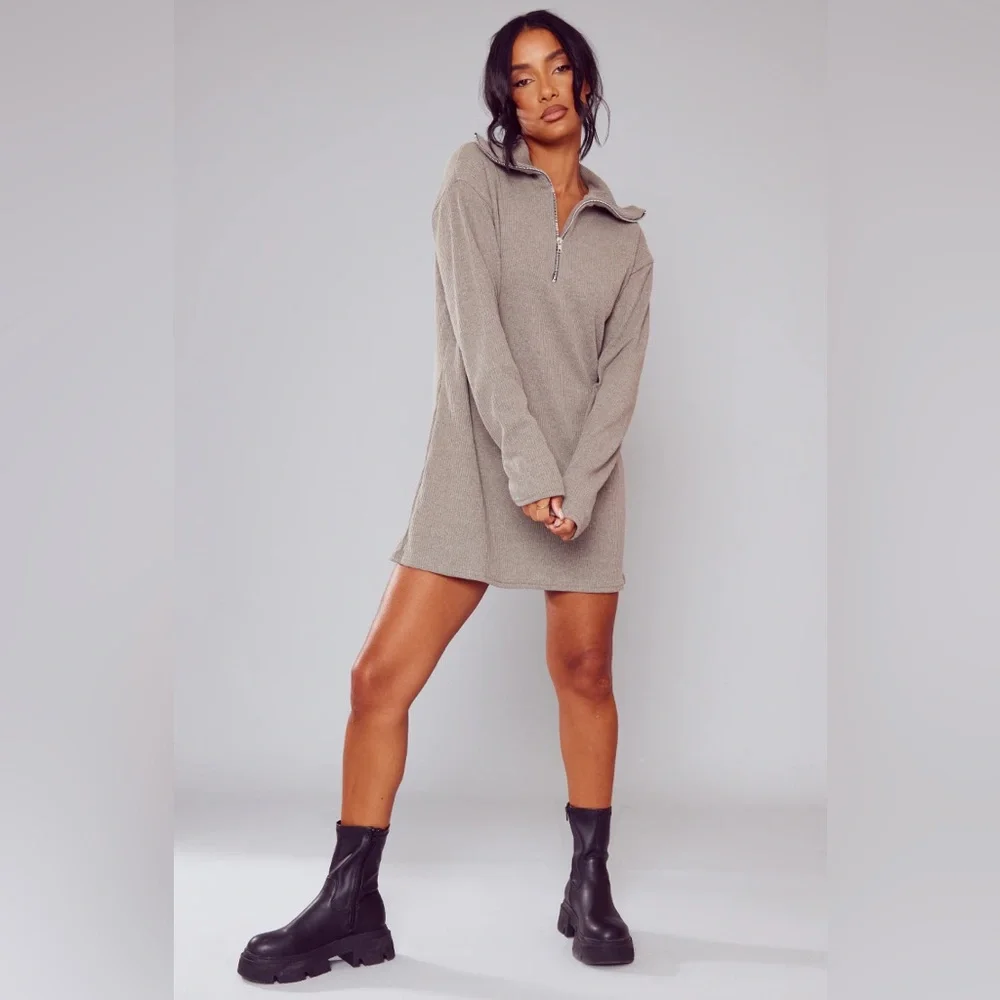 One Grey Day 100% Cashmere‎ Half Zip Sweater Dress Beige New Luxury Soft Size S - Picture 1 of 8